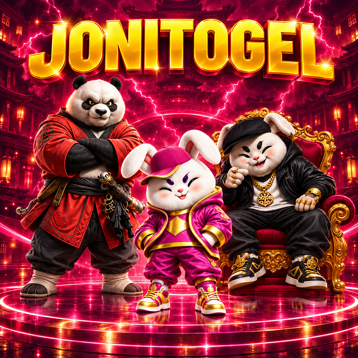 Poster JONITOGEL dengan karakter panda dan dua kelinci berlatar merah dan emas.